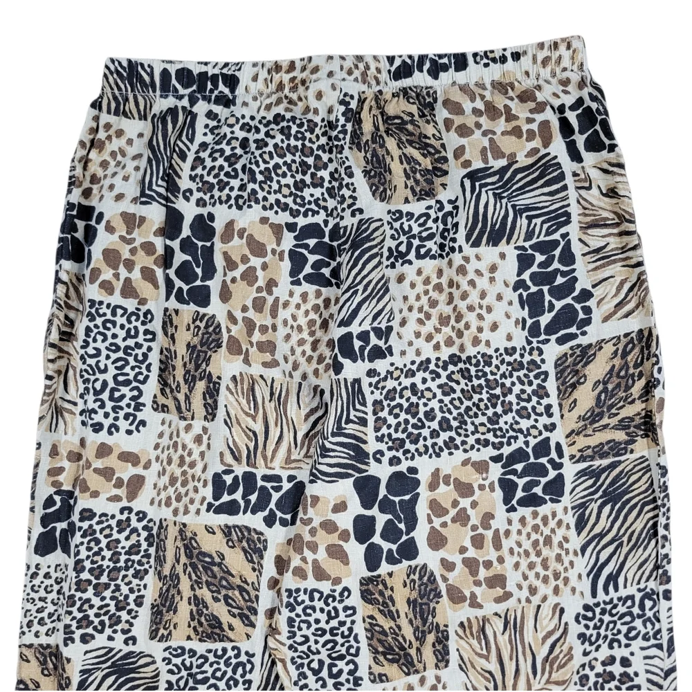 Hot Cotton 100% Linen Pants Womens 1X Brown Animal Print Pull On Cropped Casual - Picture 6 of 11